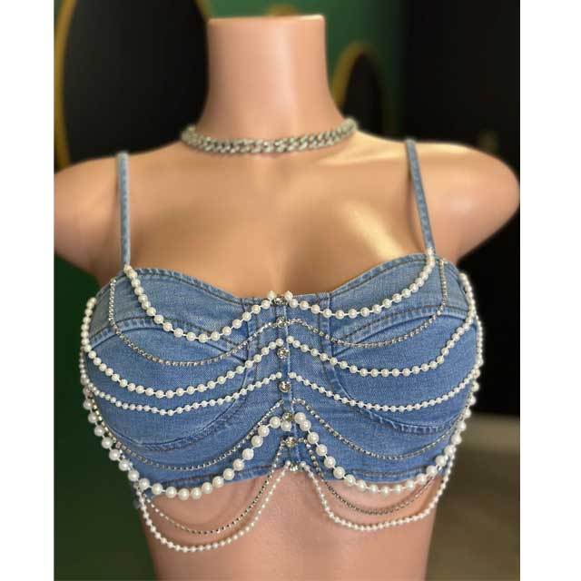 Pearl Rhinestones Embellished Denim Short Set