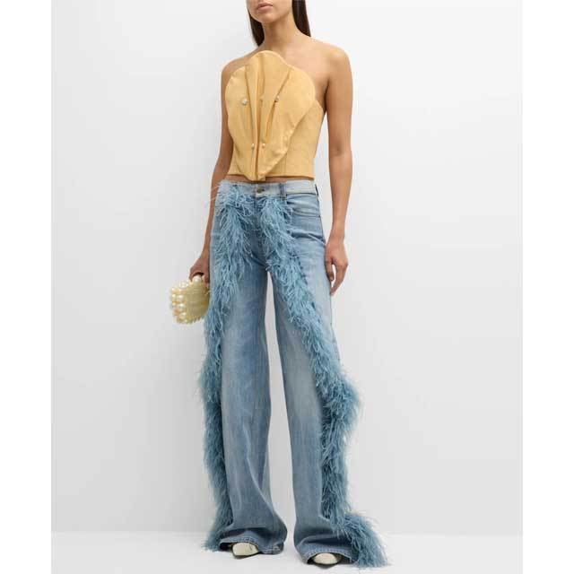 Feather Embellished Boyfriend Jeans
