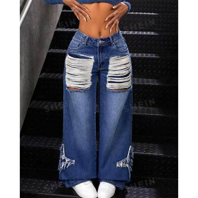 Ripped Patchwork Wide Leg Boyfriend Jeans