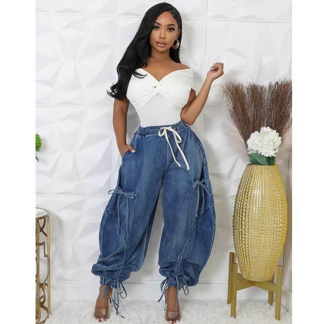 Drawstring Harem Cargo Jeans