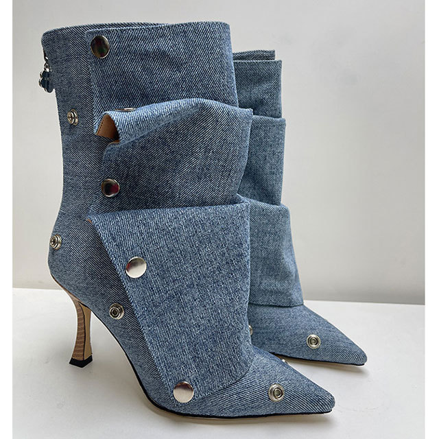 Pointed Toe High Heeled Stacked Ankle Boots