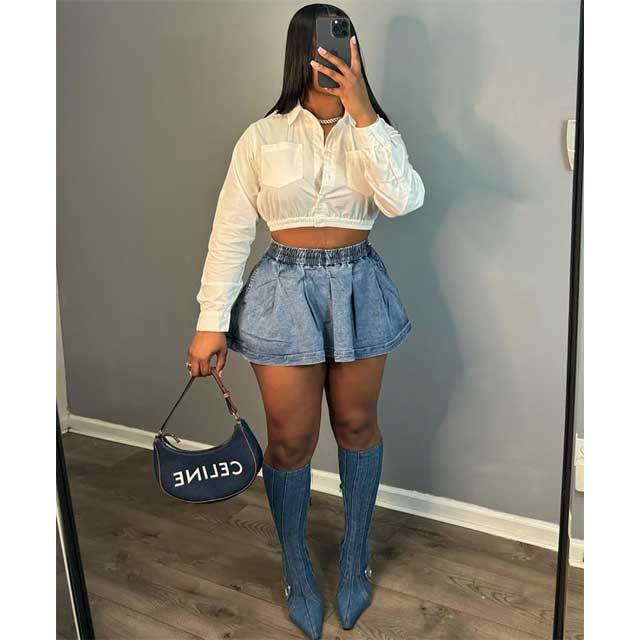 Elastic Waist Denim Pleated Skirt