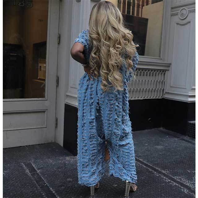 Hollow Out Deep V Denim Jumpsuit