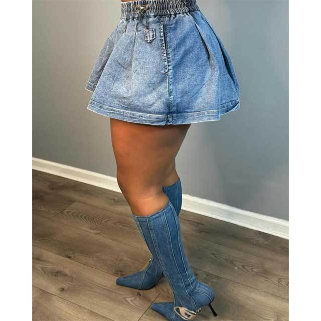 Elastic Waist Denim Pleated Skirt