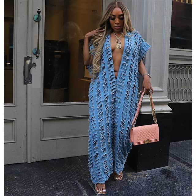 Hollow Out Deep V Denim Jumpsuit
