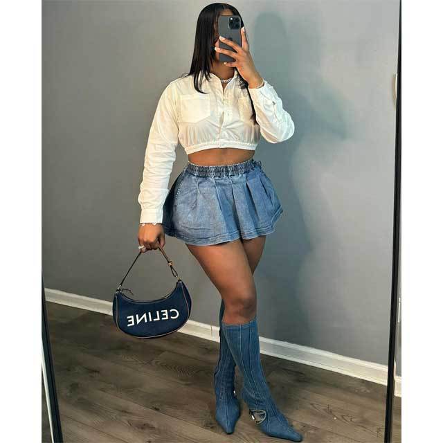 Elastic Waist Denim Pleated Skirt