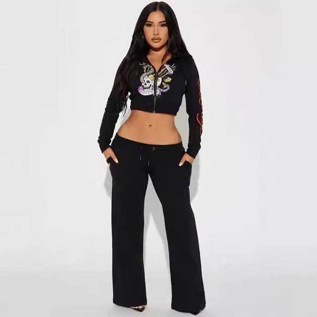 Street Fashion Printed Zipper Up Two Pieces Pant Set