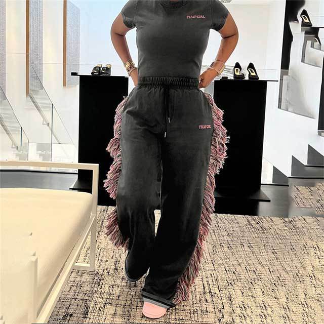 High Waist Colorful Tassel Casual Pants Set