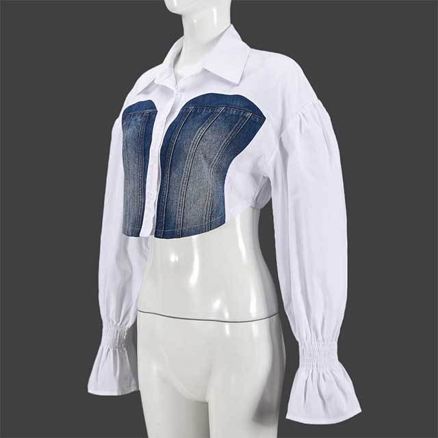 Denim Patchwork Bell Sleeves Blouse Shirt