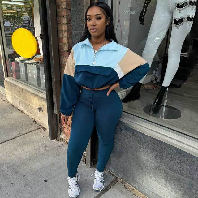 Color Block Sweatshirt Top Casual Jogging Pants Set