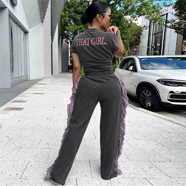 High Waist Colorful Tassel Casual Pants Set