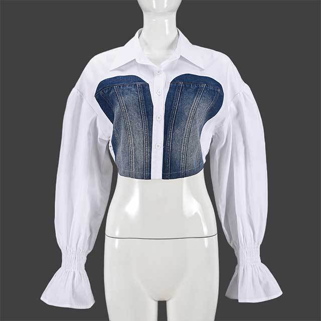 Denim Patchwork Bell Sleeves Blouse Shirt