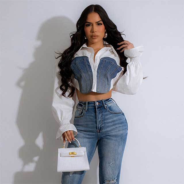 Denim Patchwork Bell Sleeves Blouse Shirt