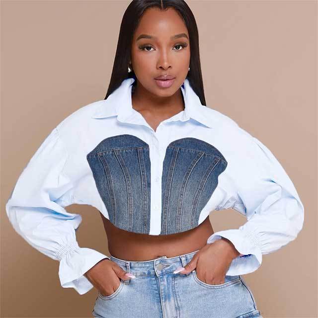 Denim Patchwork Bell Sleeves Blouse Shirt