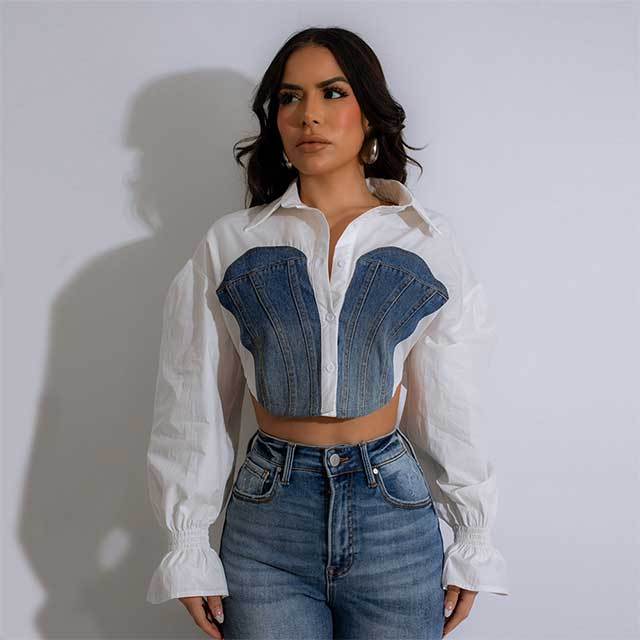Denim Patchwork Bell Sleeves Blouse Shirt