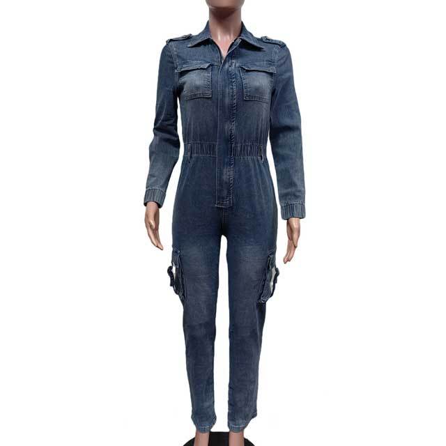 Denim Zipper Long Sleeve Cargo Jumpsuit