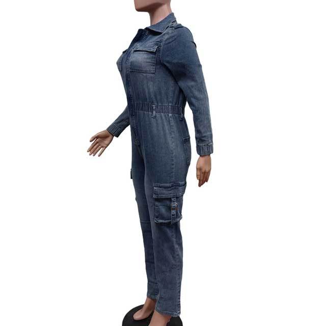 Denim Zipper Long Sleeve Cargo Jumpsuit