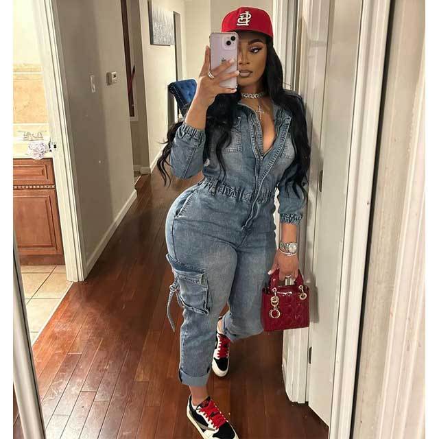 Denim Zipper Long Sleeve Cargo Jumpsuit