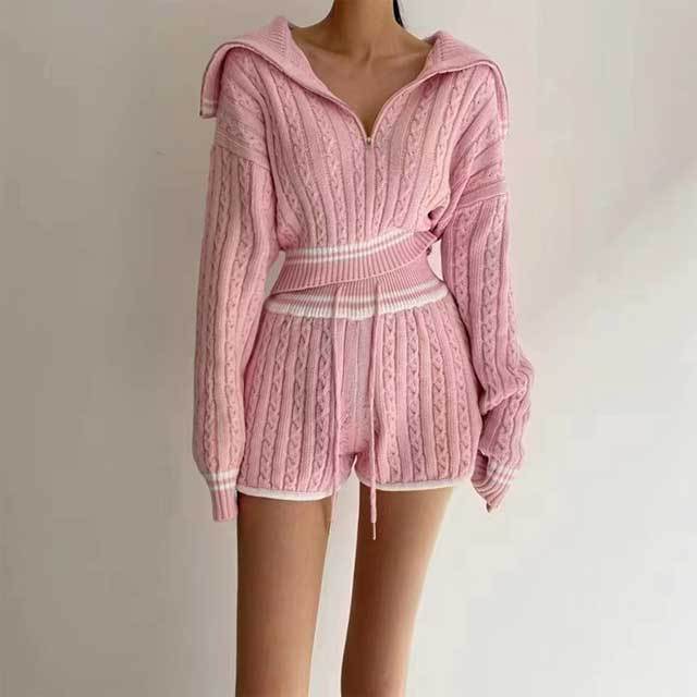 Knit Drawstring High Waist Short Set