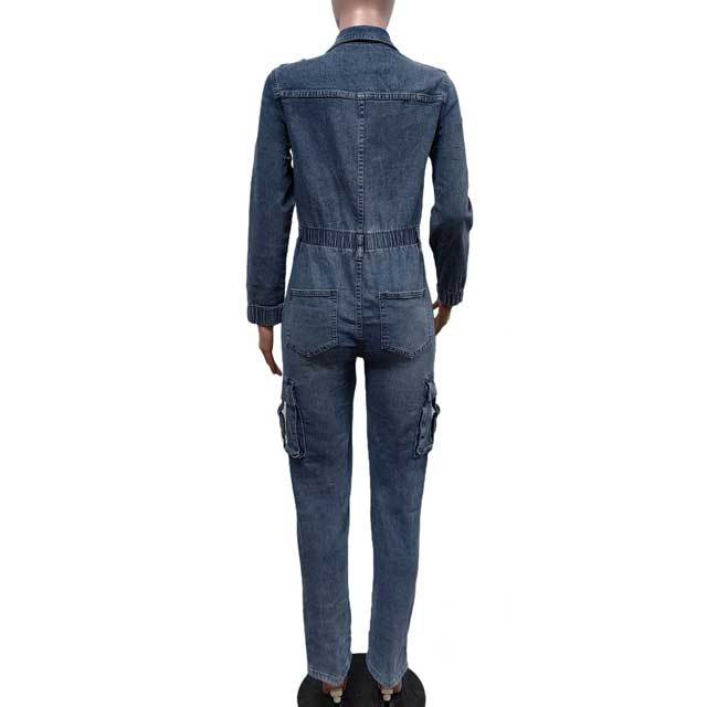 Denim Zipper Long Sleeve Cargo Jumpsuit