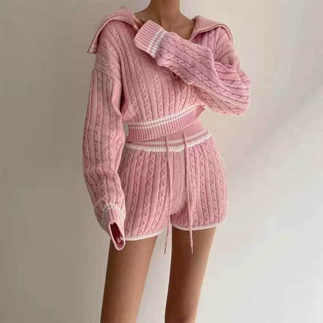 Knit Drawstring High Waist Short Set