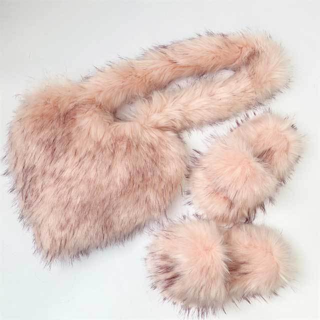Y2K Vintage Warm Furry Slides Fur Heart Bag Shoes Set