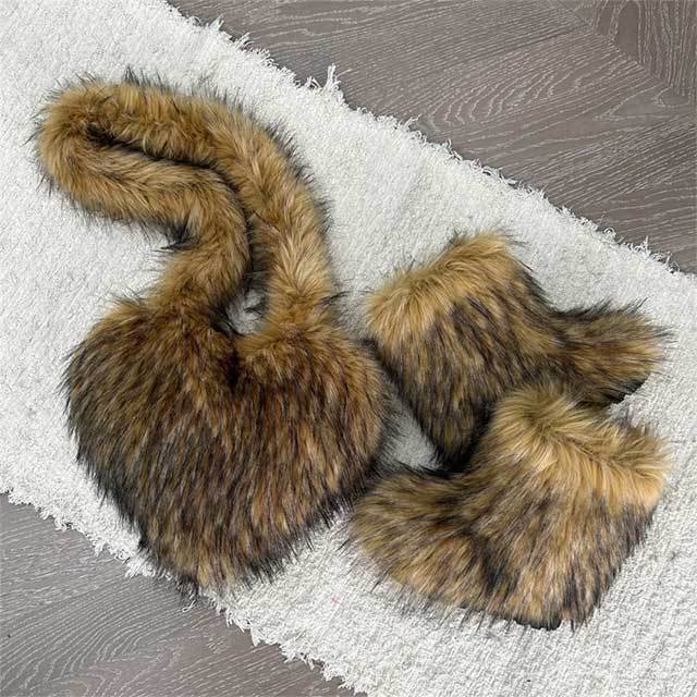 Fluffy Faux Fox Fur Boots Match With Heart Bags Set