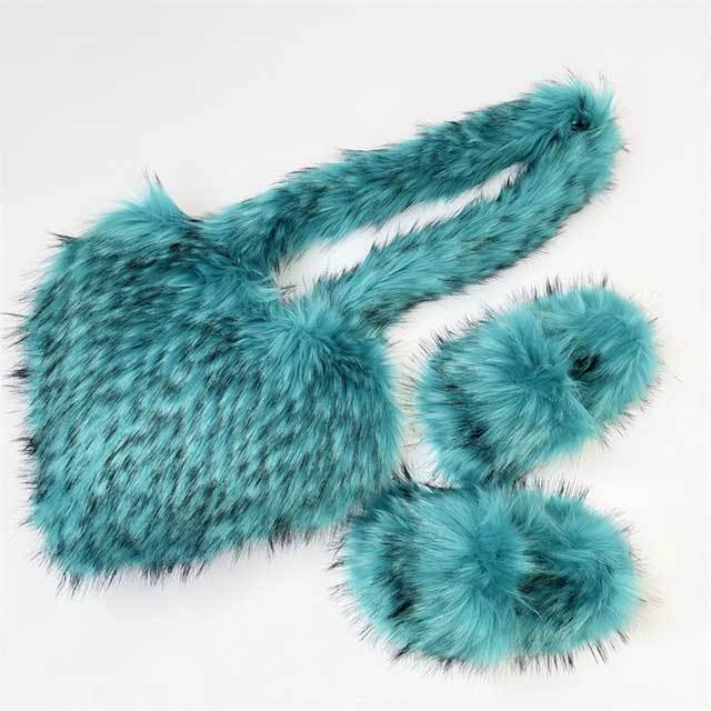 Y2K Vintage Warm Furry Slides Fur Heart Bag Shoes Set