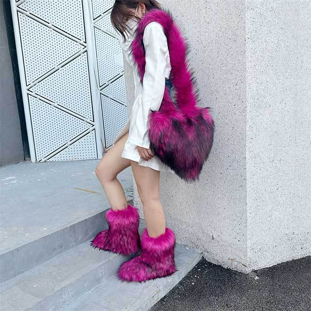 Fluffy Faux Fox Fur Boots Match With Heart Bags Set