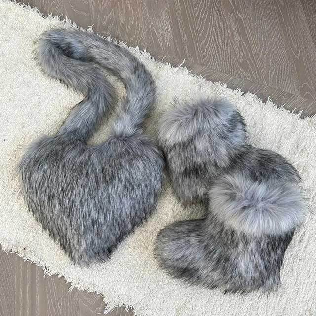 Fluffy Faux Fox Fur Boots Match With Heart Bags Set