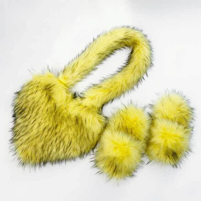 Y2K Vintage Warm Furry Slides Fur Heart Bag Shoes Set