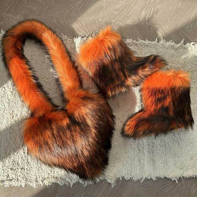 Fluffy Faux Fox Fur Boots Match With Heart Bags Set