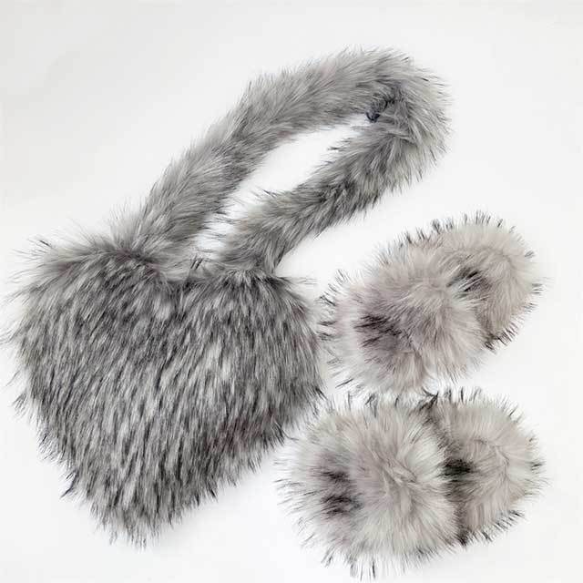 Y2K Vintage Warm Furry Slides Fur Heart Bag Shoes Set