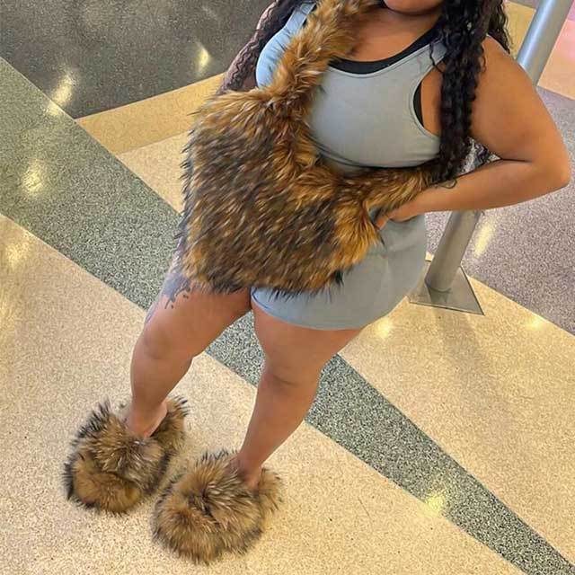 Y2K Vintage Warm Furry Slides Fur Heart Bag Shoes Set
