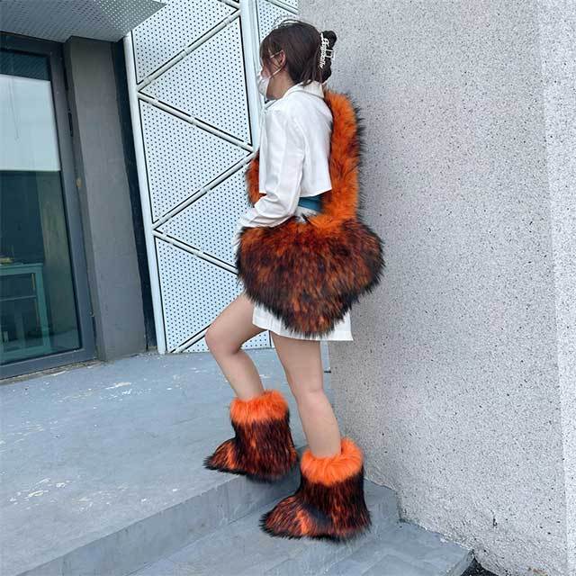 Fluffy Faux Fox Fur Boots Match With Heart Bags Set