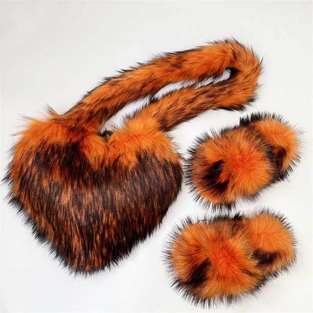 Y2K Vintage Warm Furry Slides Fur Heart Bag Shoes Set