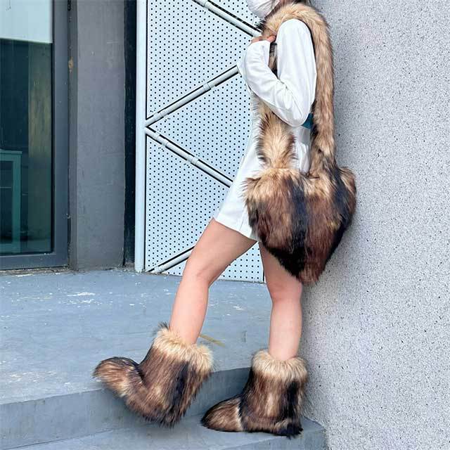 Fluffy Faux Fox Fur Boots Match With Heart Bags Set