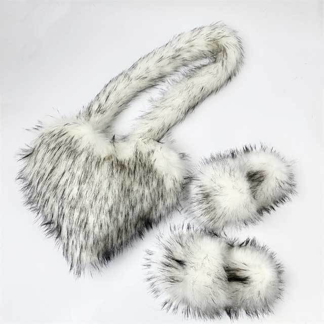 Y2K Vintage Warm Furry Slides Fur Heart Bag Shoes Set