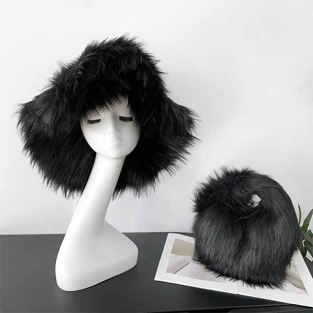 Luxury Faux Fur Bucket Hat Bag Set