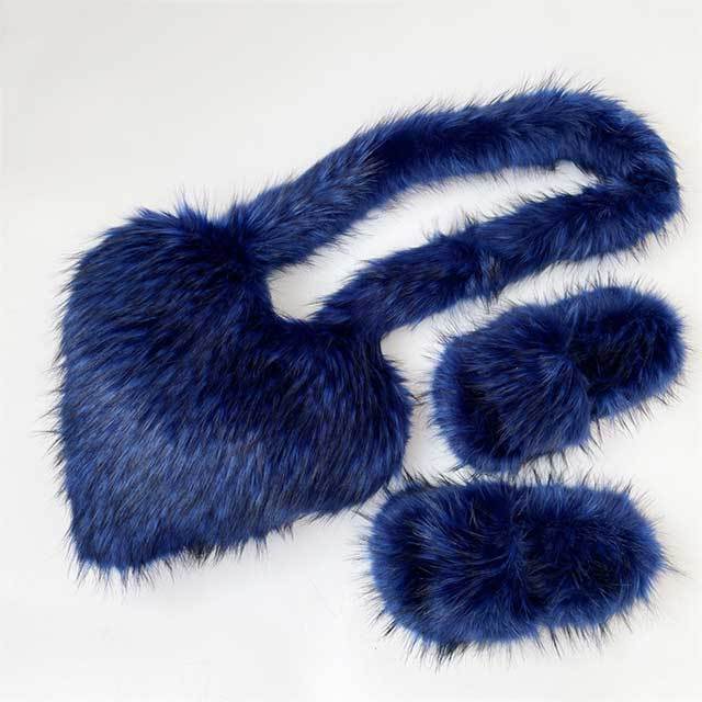 Y2K Vintage Warm Furry Slides Fur Heart Bag Shoes Set