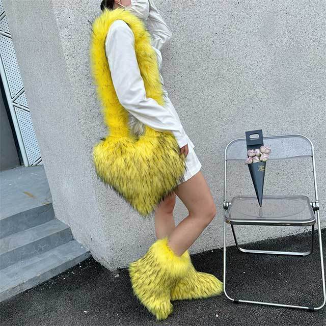 Fluffy Faux Fox Fur Boots Match With Heart Bags Set