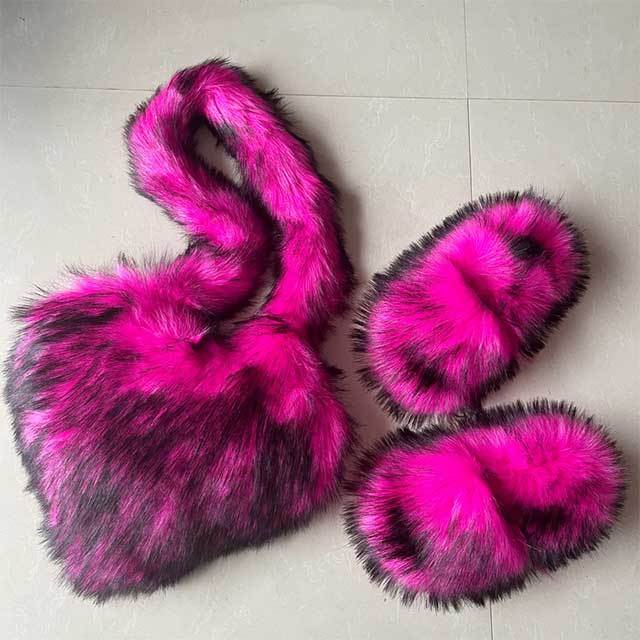 Y2K Vintage Warm Furry Slides Fur Heart Bag Shoes Set