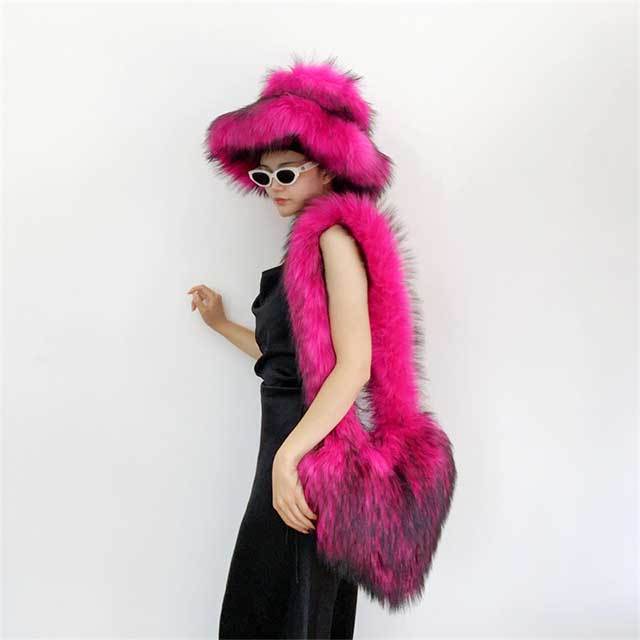 Faux Fur Heart-shaped Bag Bucket Hat Set