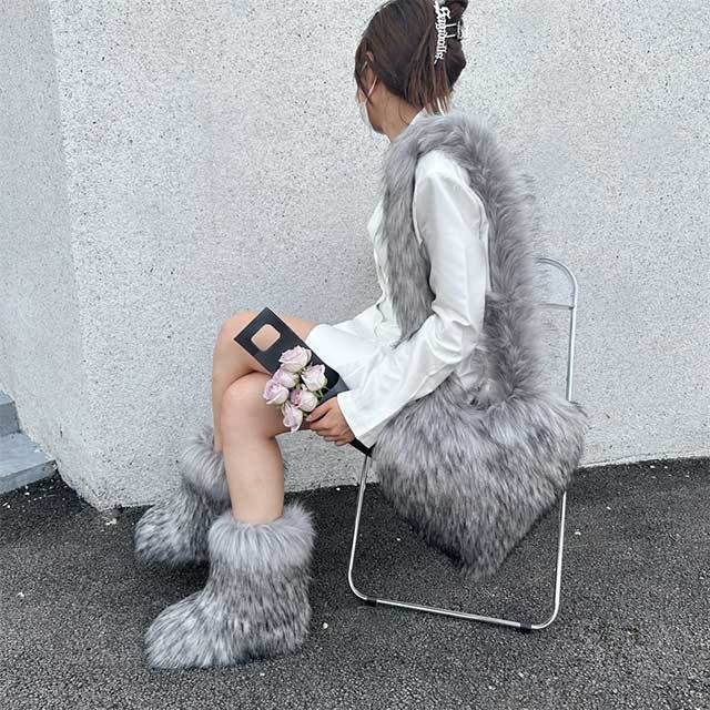 Fluffy Faux Fox Fur Boots Match With Heart Bags Set