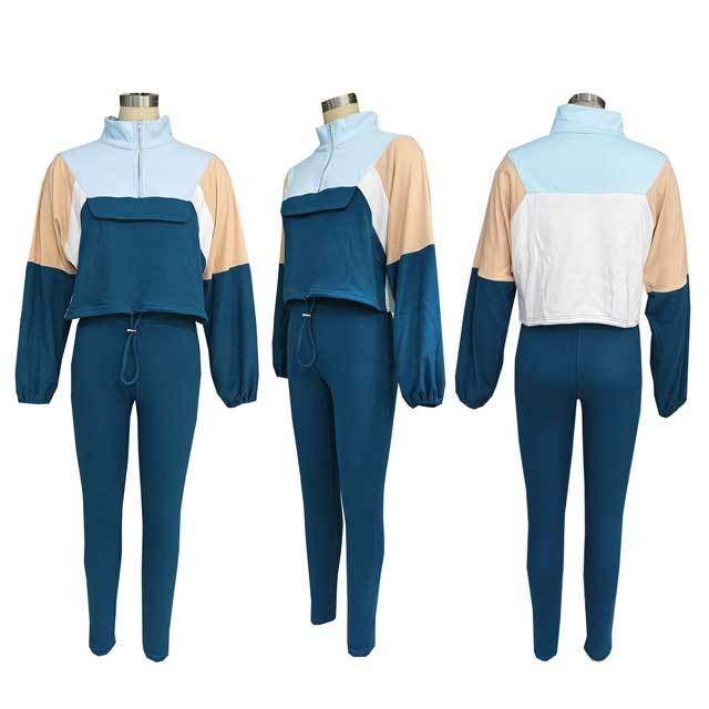 Color Block Sweatshirt Top Casual Jogging Pants Set