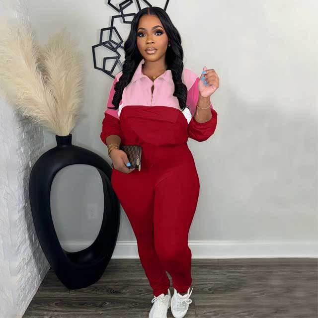 Color Block Sweatshirt Top Casual Jogging Pants Set