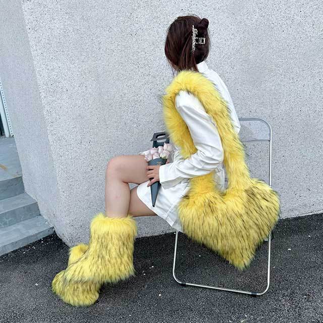 Fluffy Faux Fox Fur Boots Match With Heart Bags Set