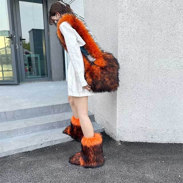 Fluffy Faux Fox Fur Boots Match With Heart Bags Set