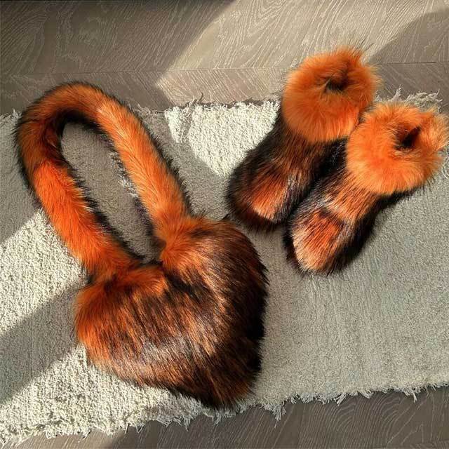 Fluffy Faux Fox Fur Boots Match With Heart Bags Set