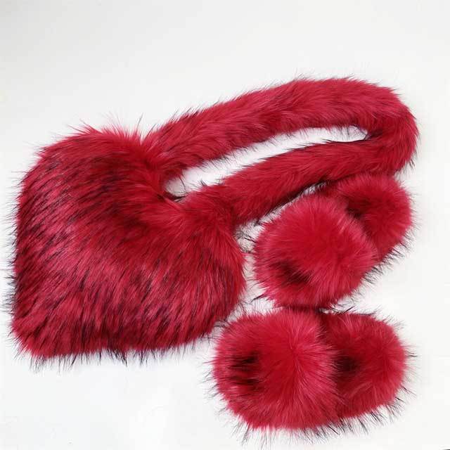 Y2K Vintage Warm Furry Slides Fur Heart Bag Shoes Set